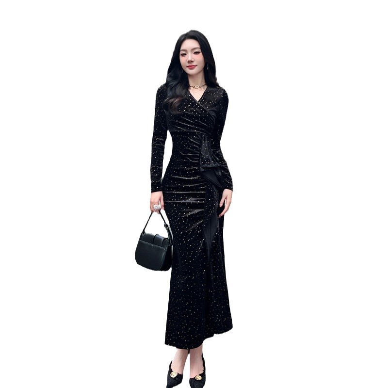 Black Gilding Velvet Dress Women's Ruffled Long Sleeve Dress
