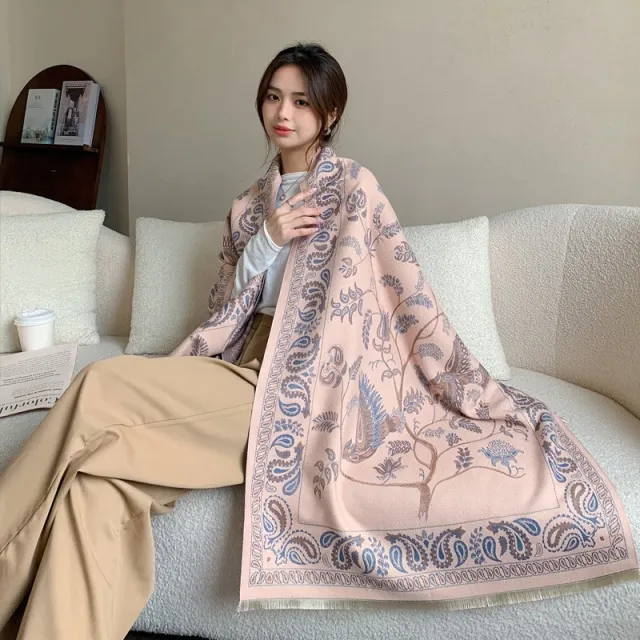 All matching Thickened Double sided Student Scarf Dual purpose Tassel Shawl Blue Bird Beige - Shop at LoveMi