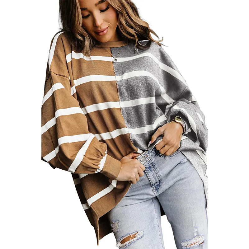 Striped Loose All-match Long-sleeved Pullover For Women - Gray