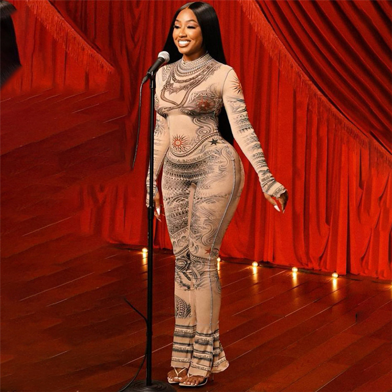 Autumn Women's Street Digital Printed Sexy Mesh See through Tight Jumpsuit S Skin Color - Shop at LoveMi