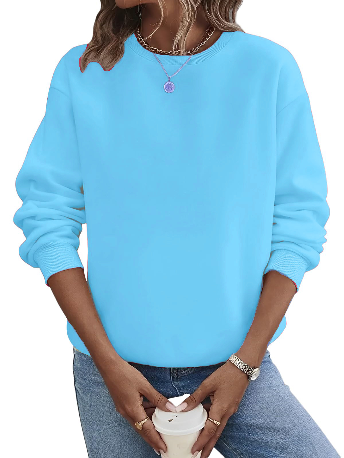 Solid Color Blank Round Neck Plus Size Fashion Sweater Light Blue - Shop at LoveMi