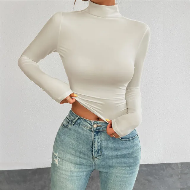 Slim Fit All matching Base Long sleeved Top Turtleneck T shirt Apricot - Shop at LoveMi