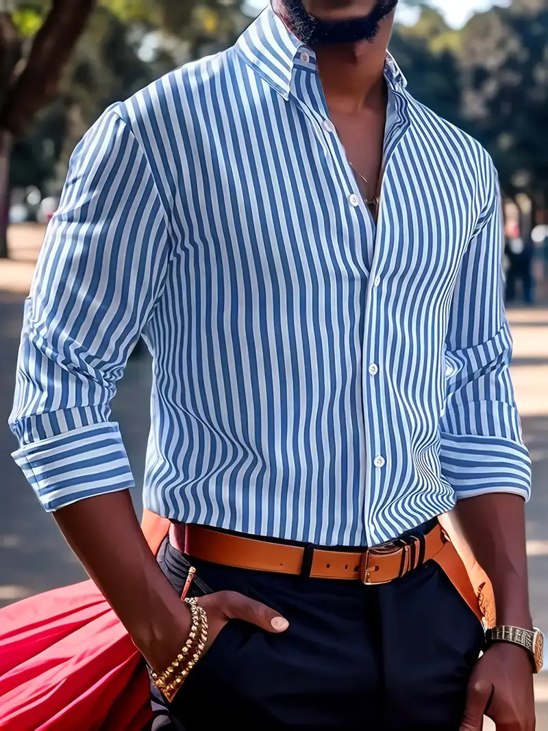 Ins Stripe Printed Long Sleeve Shirt Men Fashion Casual Lapel Button Top Clothin - Picture 11 of 13