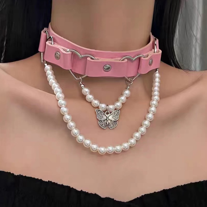 Punk Rivet Butterfly Pearl Collar
