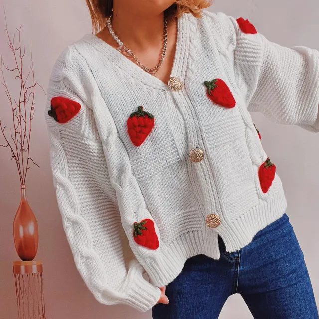 Women's Fashion Casual Loose Strawberry Embroidery Single breasted Sweater White - Shop at LoveMi