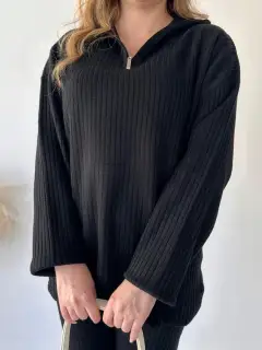 Fall Women's Clothing Solid Color Zipper Knitting Suit High Neck Ribbing Home Wear Two-piece Set - Black - View 1