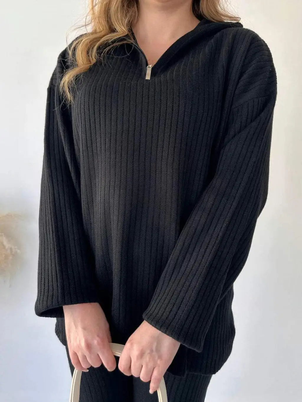 Fall Women's Clothing Solid Color Zipper Knitting Suit High Neck Ribbing Home Wear Two-piece Set - Black