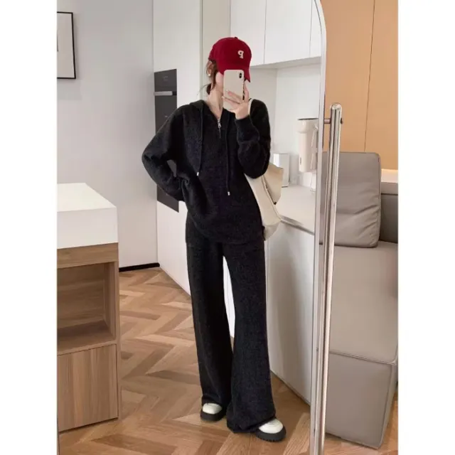 Suit Women's Spring And Autumn New Loose Hooded Sweater Wide leg Pants Dark Gray - Shop at LoveMi
