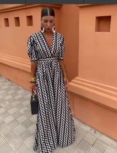 Women's Fashion Vintage Printing Elegant Dress - Black And White - View 1
