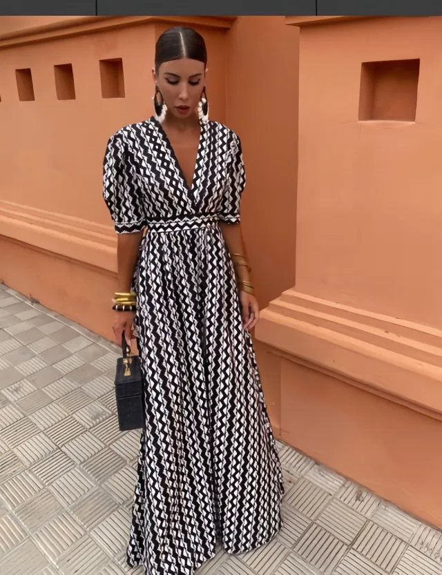 Women's Fashion Vintage Printing Elegant Dress Black And White - Shop at LoveMi