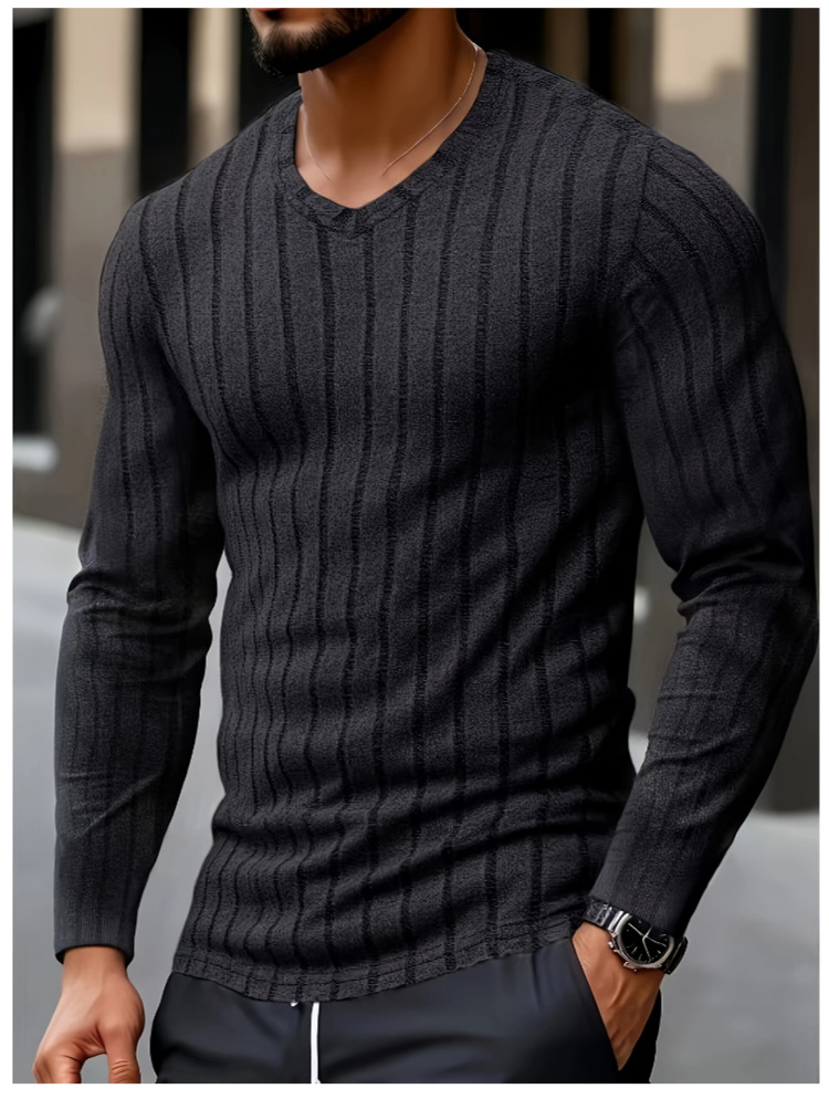 Men's striped ribbed V-neck sweater