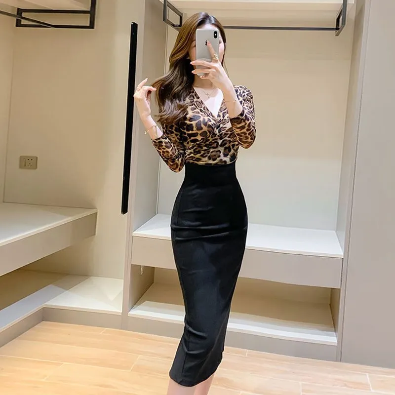 Leopard Print Long Sleeve Dress New Collar Temperament Women - Leopard