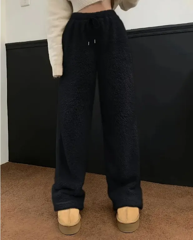 Women's Solid Color Loose Fleece Casual Pants Black - Shop at LoveMi