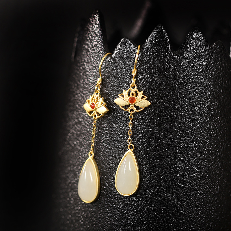 Sterling Silver Hetian Jade Inlaid Water Drop Ear Hook Ancient Gold Long Red Agate Embellished Earrings