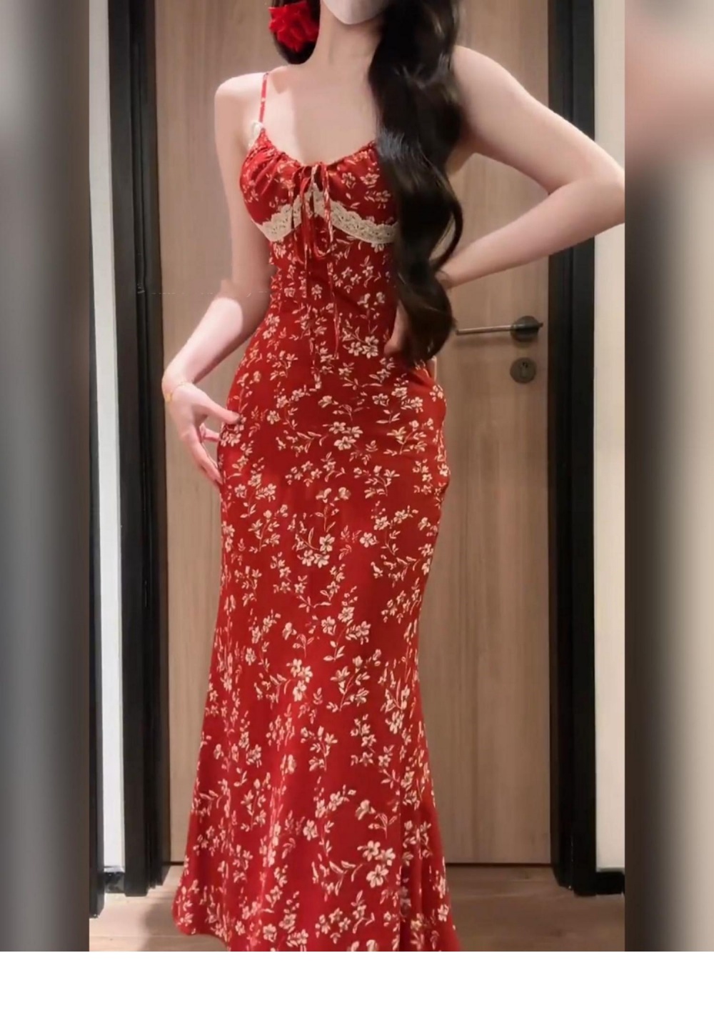 Style Vintage Floral Red Dress Hip Spaghetti Straps Long Dress