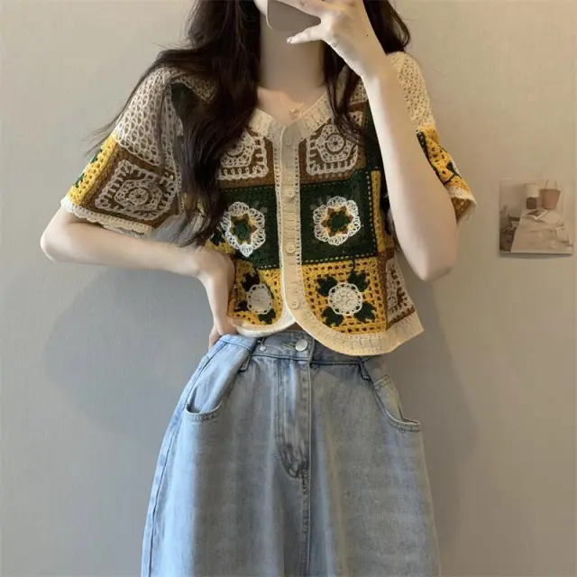 New Version Contrast Color Crocheted Hollow Cardigan Women V neck Blouse Yellow - Shop at LoveMi