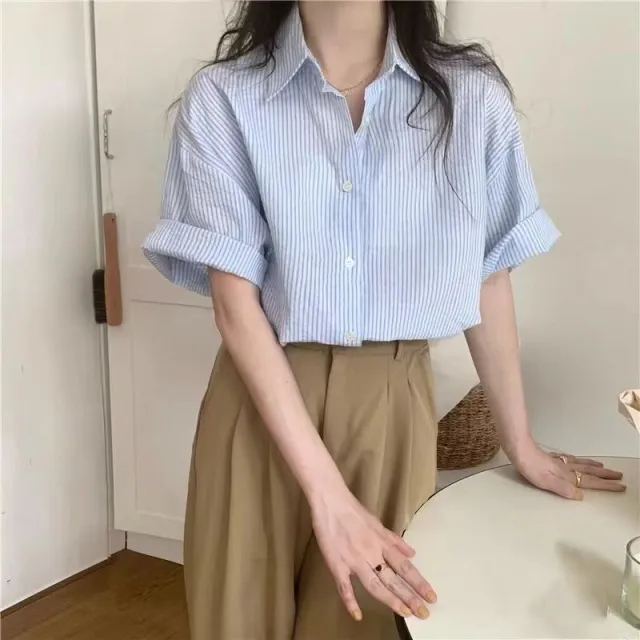 Women's Short sleeve Blue Striped Shirt Blue - Shop at LoveMi