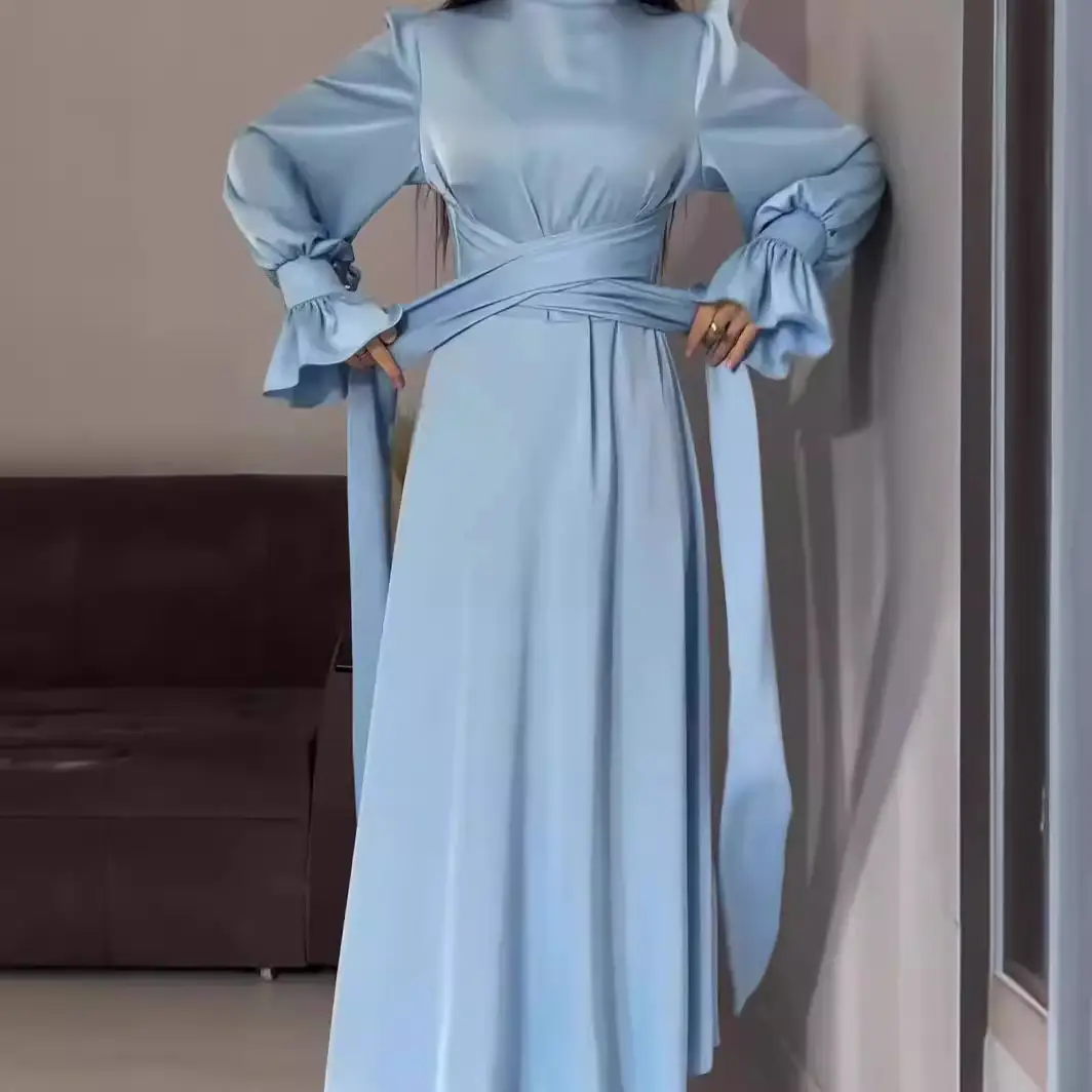 New Drawstring Slim-fit Graceful Puff Sleeve Solid Color Long Sleeve Dress Women