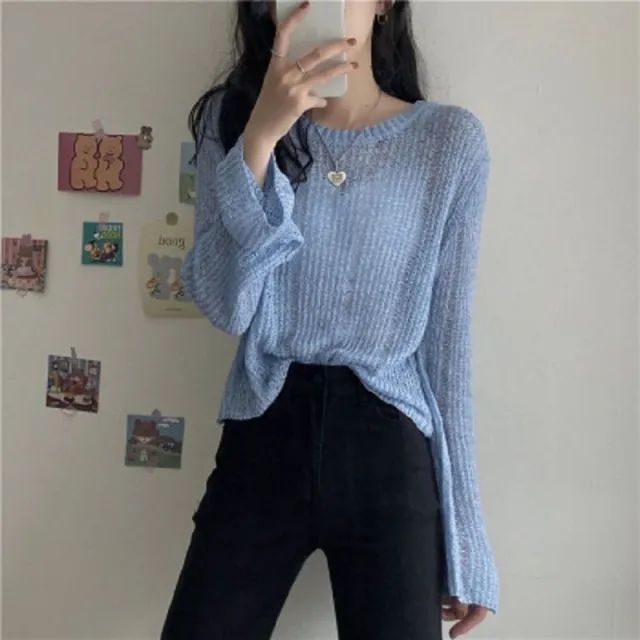 Women's Knitwear Autumn New Korean Style Ice Silk Hollow out Knitted Blouse Outer Wear Thin Pullover Long Sleeve Sweater Fashion Blue - Shop at LoveMi
