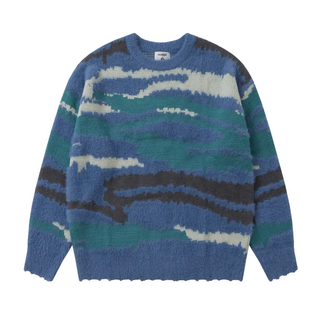 Heavy Color Matching Furry Round Neck Sweater Blue - Shop at LoveMi