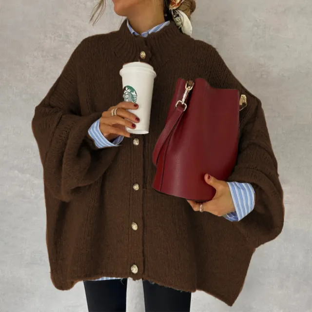 Autumn Winter Solid Color Casual Knitted Cardigan With Buttons And Oversized Sleeves Dark Brown - Shop at LoveMi