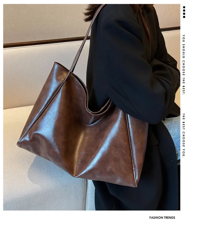 Vintage Women's Tote Bag Athletic Casual Fashion Large Capacity Leather Shoulder Bag Shopper Harajuku Simple Handbag Brown - Shop at LoveMi