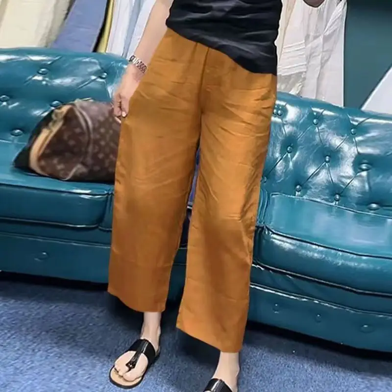 Women's Solid Color Linen Cropped Straight Casual Pants