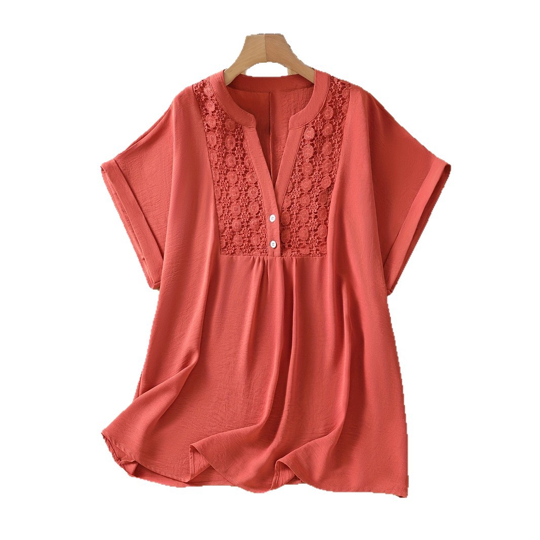 Womens Solid-Color Lace V-Neck Short-Sleeve Top With Buttons