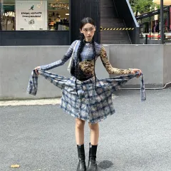 Niche Retro Plaid Stitching Mesh Floral Print Bottoming Shirt - Plaid - View 1