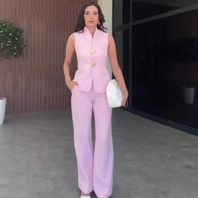 Casual Stylish Sleeveless Business Suit With A Professional Vibeincludes A Blazer And Tailored Trousers Pink - Shop at LoveMi
