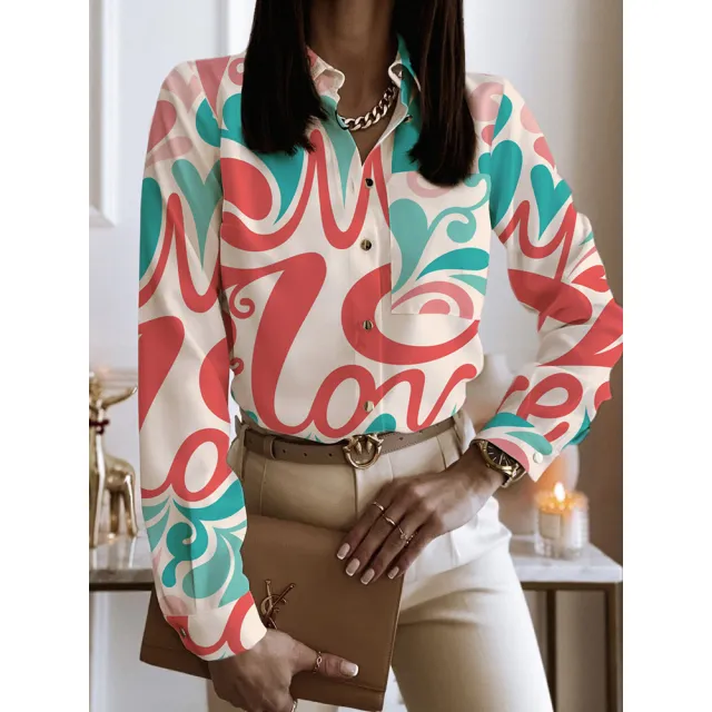 Spring And Autumn Long Sleeve Loose Printed Long Sleeve Lapel Mid length Shirt Style 07 S - Shop at LoveMi