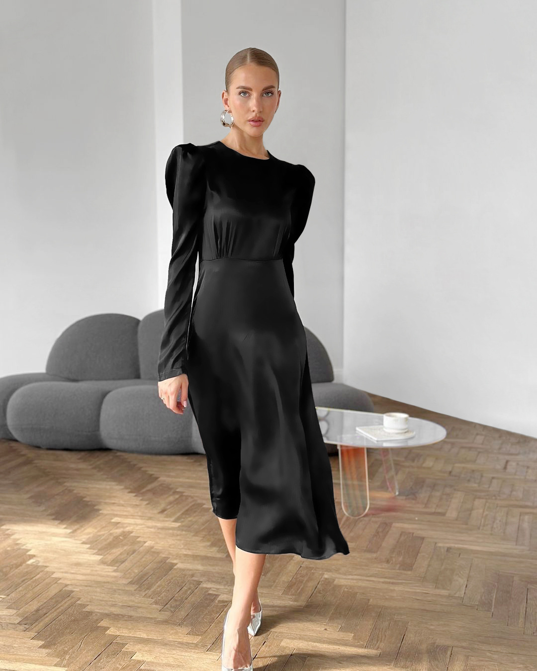 Title 4, Satin Round Neck Puff Sleeve Dress