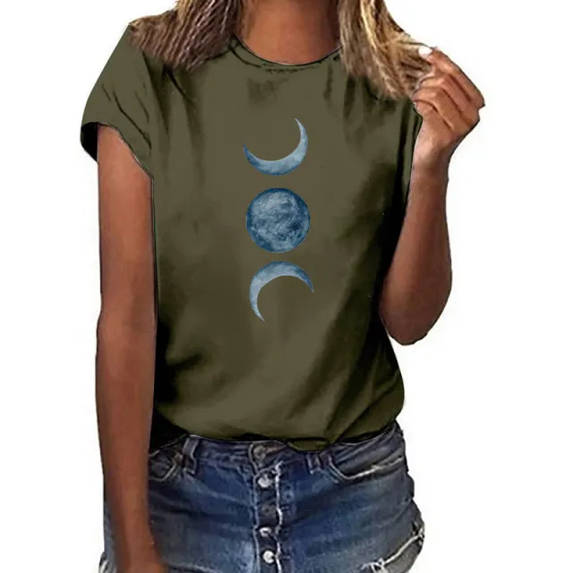European And American Moon Print Crew Neck Casual T shirt Army Green - Shop at LoveMi