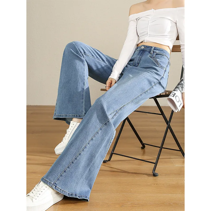 Women's High Waist Artistic American Slightly Flared Jeans - Blue