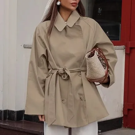 Trench Coat Women's Long Khaki Workwear Lace up Long Sleeve Coat Khaki - Shop at LoveMi