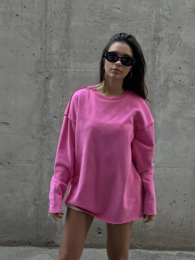 Casual Solid Color Round Neck Long Sleeve Sweatshirt Rose Red - Shop at LoveMi