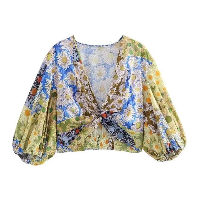 European And American Summer Wind Women's New Long Sleeve Bow Tie Printed Top 9580 Shirt S - Shop at LoveMi