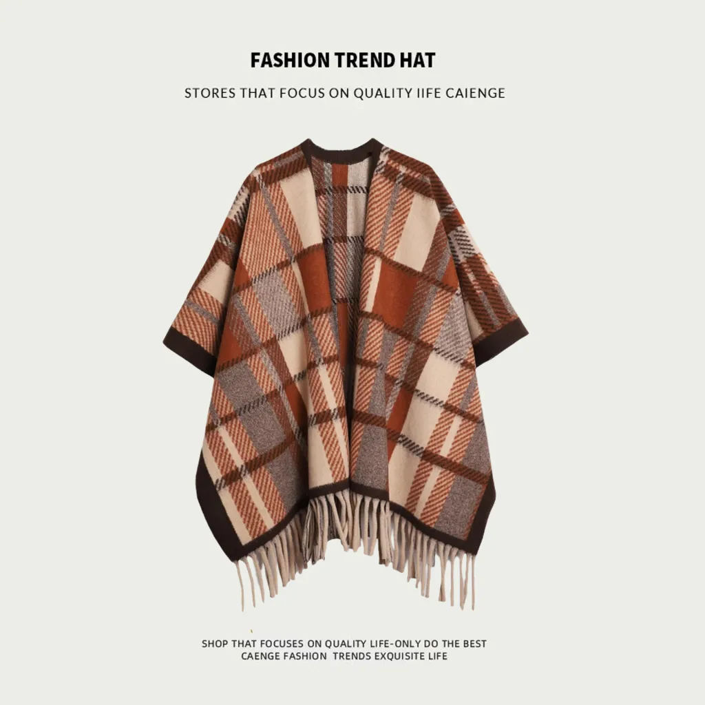 Women's Super Thick Casual Cape Coat - Four Line Grid Camel