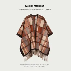 Women's Super Thick Casual Cape Coat - Four Line Grid Camel - View 1