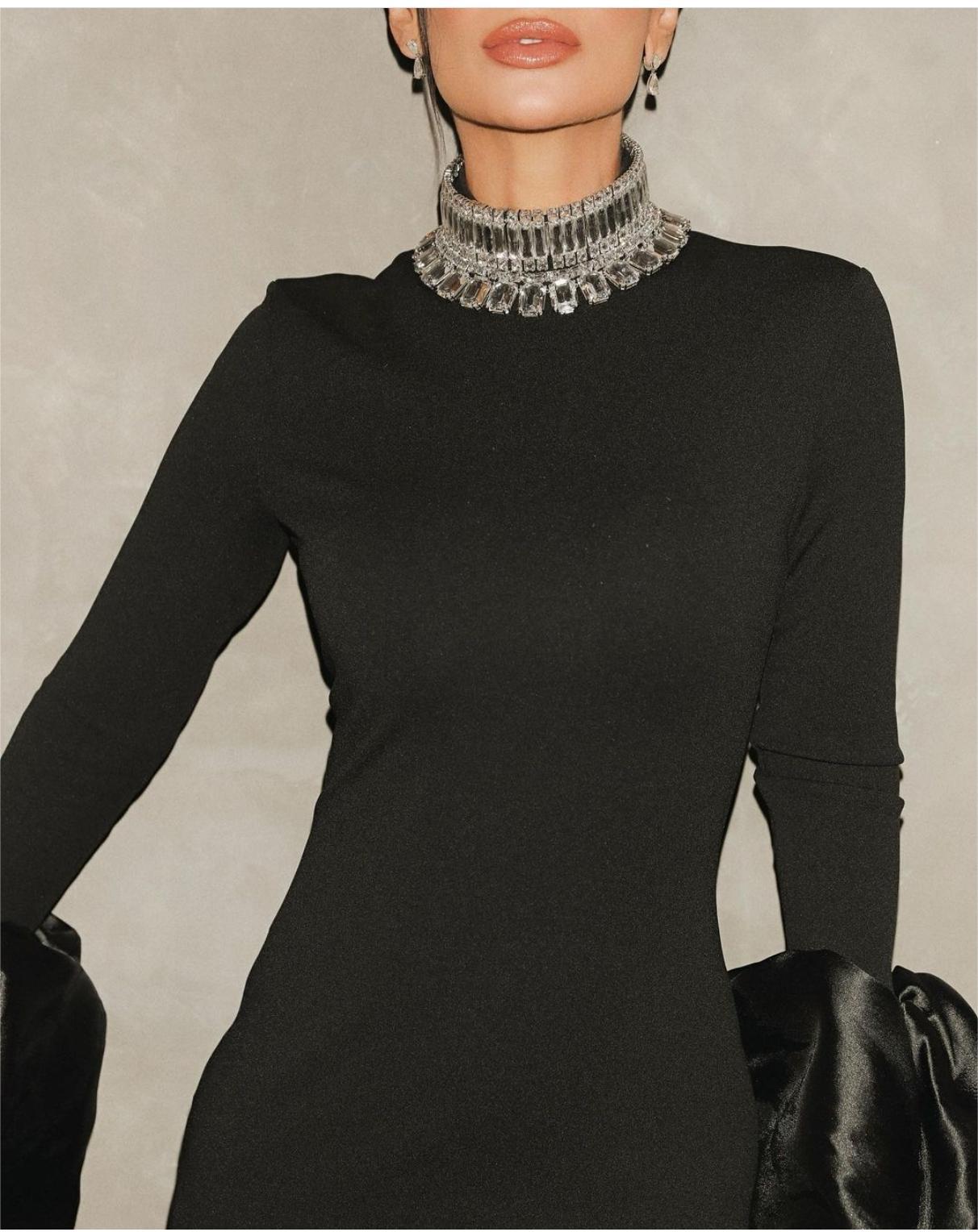 Title 5, Bell Sleeve Rhinestone Collar Black Dress Fashi...