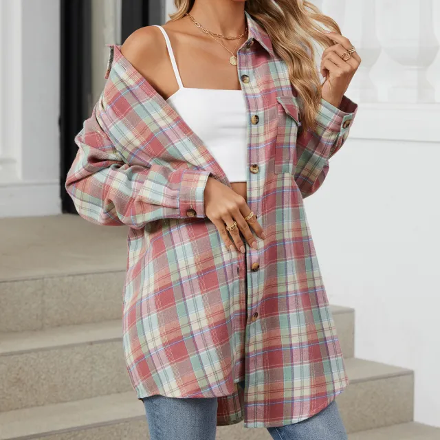 Oversize BF Style Plaid Brushed Long Sleeve Shirt Pink - Shop at LoveMi