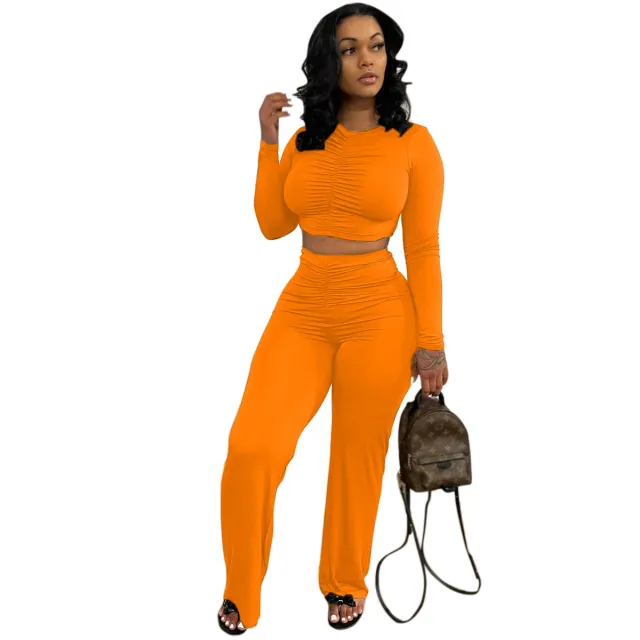 Solid Color Casual Long Sleeves Top New Sports Trousers Two piece Set Orange - Shop at LoveMi