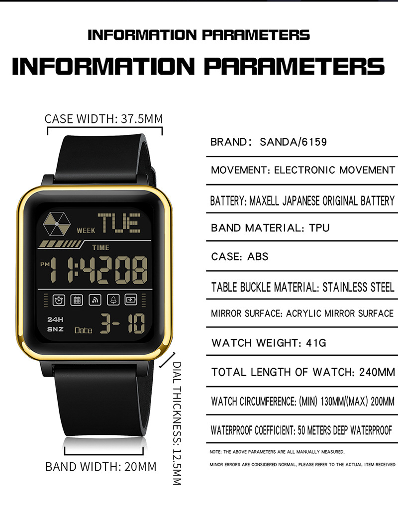 Sanda 6159 Square Stopwatch Multifunctional Waterproof Digital Sports Watch for Men
