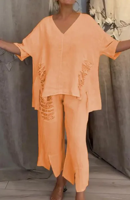Women's Casual Cotton Linen V-neck Top Ripped Suit - Orange