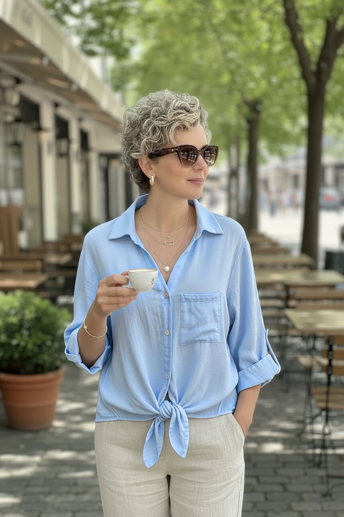 Buttoned V-Neck Lace-Up Shirt with Pockets for Women Buttoned V-Neck Lace-Up Shirt with Pockets for Women