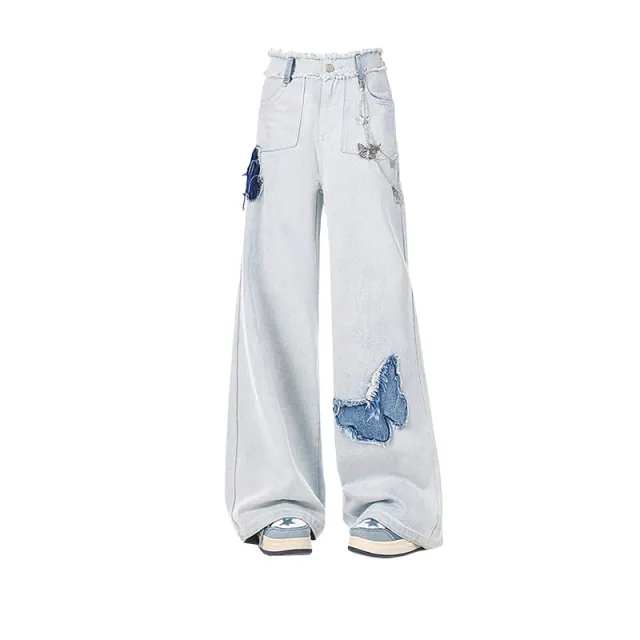 Vintage Butterfly Paste Cloth Embroidery Jeans Straight leg Wide leg Pants Light Blue - Shop at LoveMi