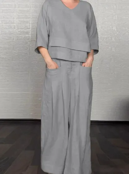 Solid Color Round Neck Long Sleeve Casual Top Straight leg Pants Two piece Set Gray - Shop at LoveMi