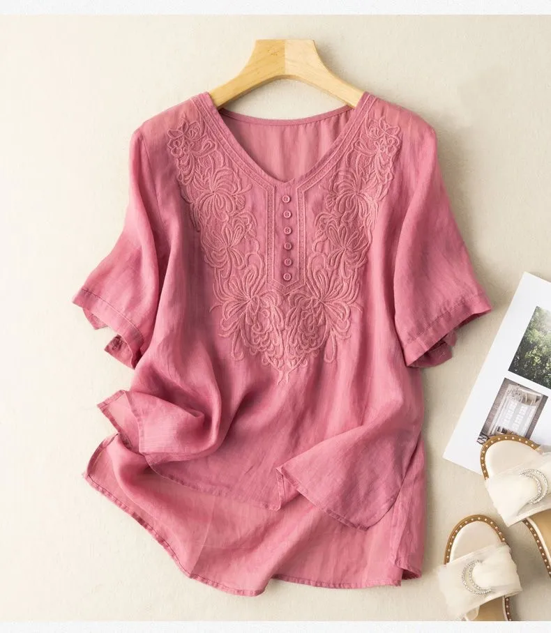Women's Cotton Loose Embroidered Short-sleeved T-shirt Summer - Red
