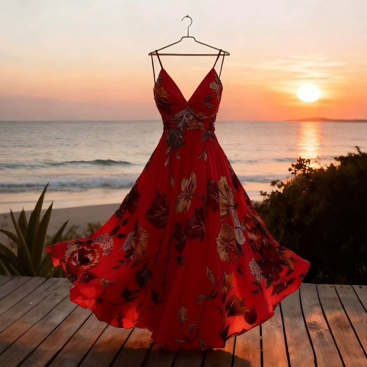 Resort-style V-neck Slip Dress With Floral Print And A Cinched Waist
