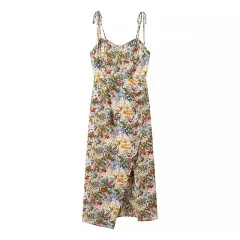 Women's Vacation Style Printed Tie-front Slit Dress - View 1